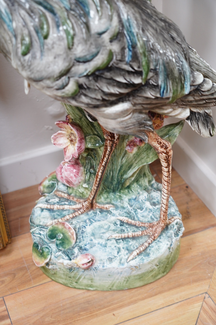 A French decorative majolica 'Stork' stick stand, 100cm high. Condition - damage to head feathers